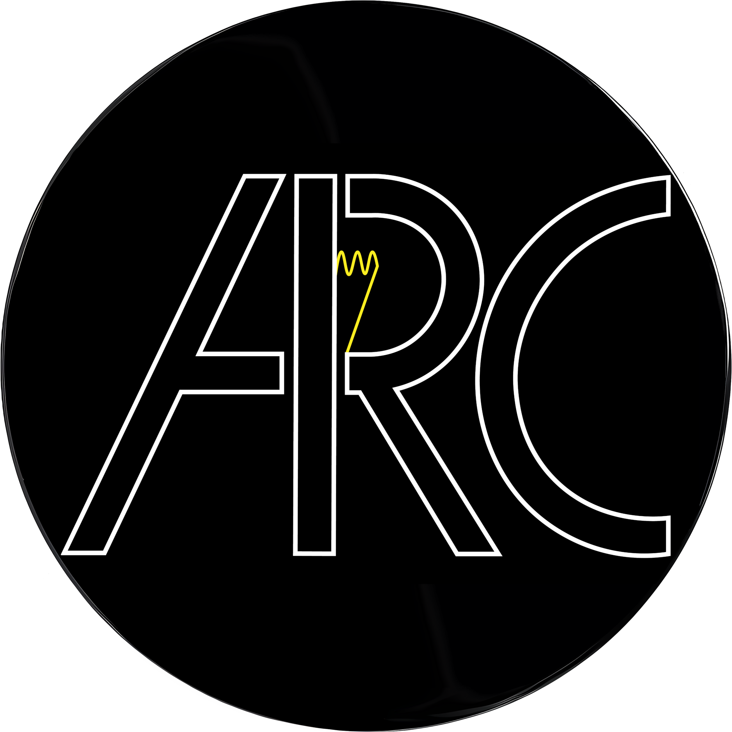 The word Arc is written in capitals with a white stencilled outline. In the top loop of the R is an old style tungsten lamp filament in yellow. A black circle with a subtle gold paint line edge forms the base of the logo.