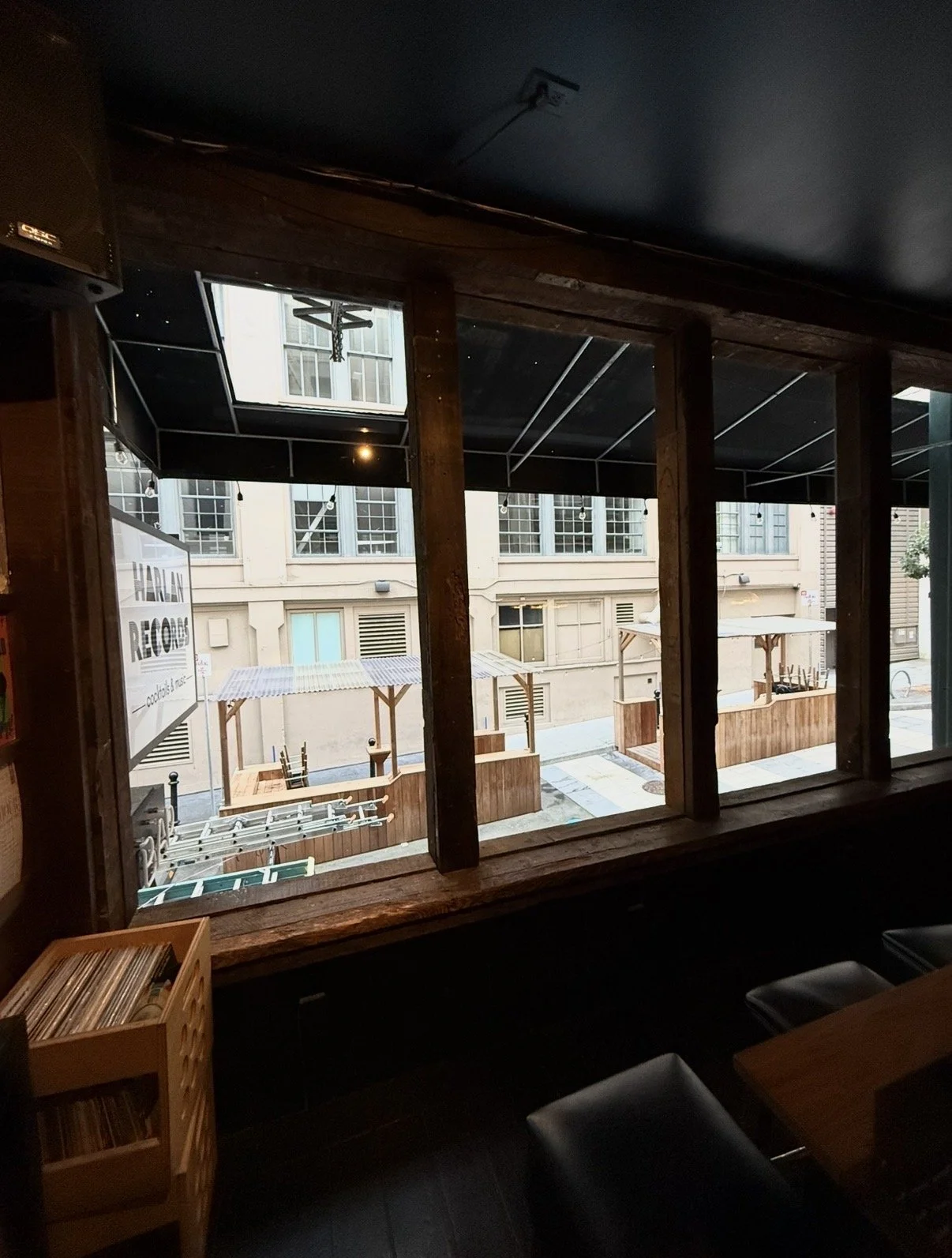 Commercial window cleaning at Harlan Records in San Francisco, providing spotless storefront windows for a professional appearance