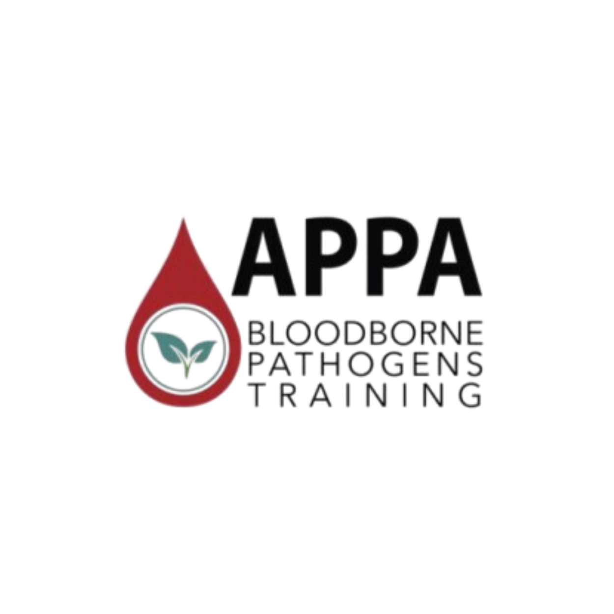 Logo for APPA Bloodborne Pathogens Training featuring a blood droplet with a leaf inside.