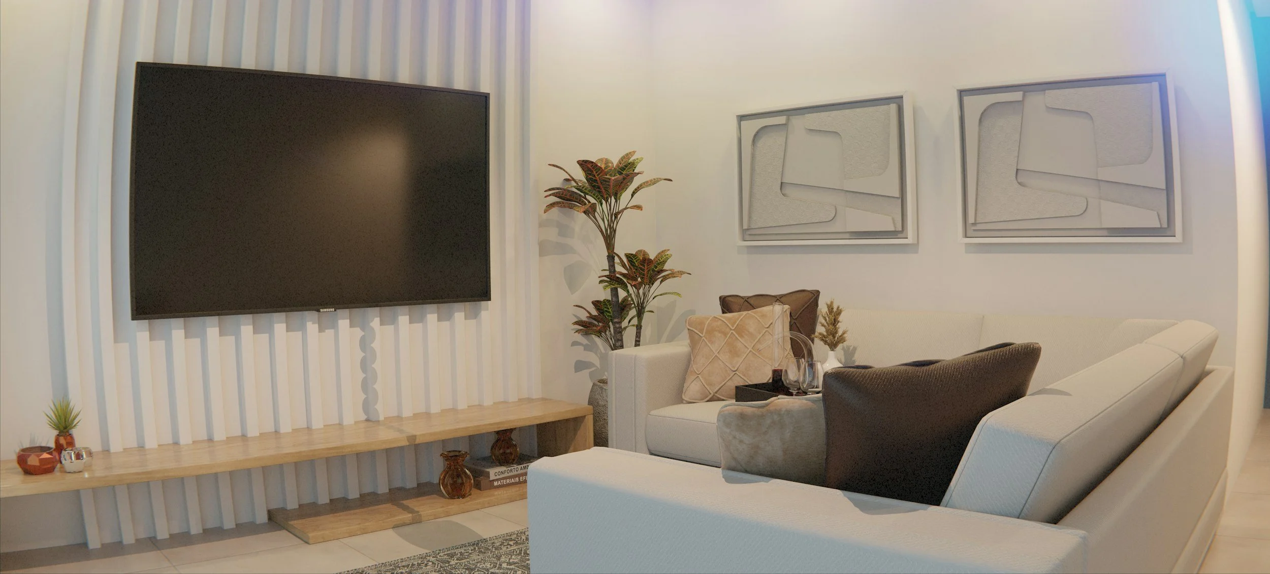 Modern living room with white sofa, decorative pillows, potted plant, wall art, large TV, wooden console, and small decorative items.