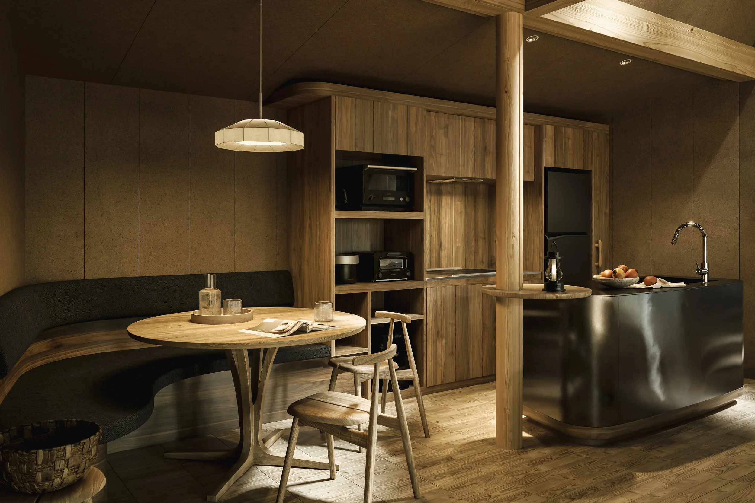 Dining / Kitchen
Designed for cooking in the midst of nature, this kitchen and dining area enriches every moment, from the moment you choose seasonal ingredients to the time you finish your meal, savoring the colors and aromas with all your senses.