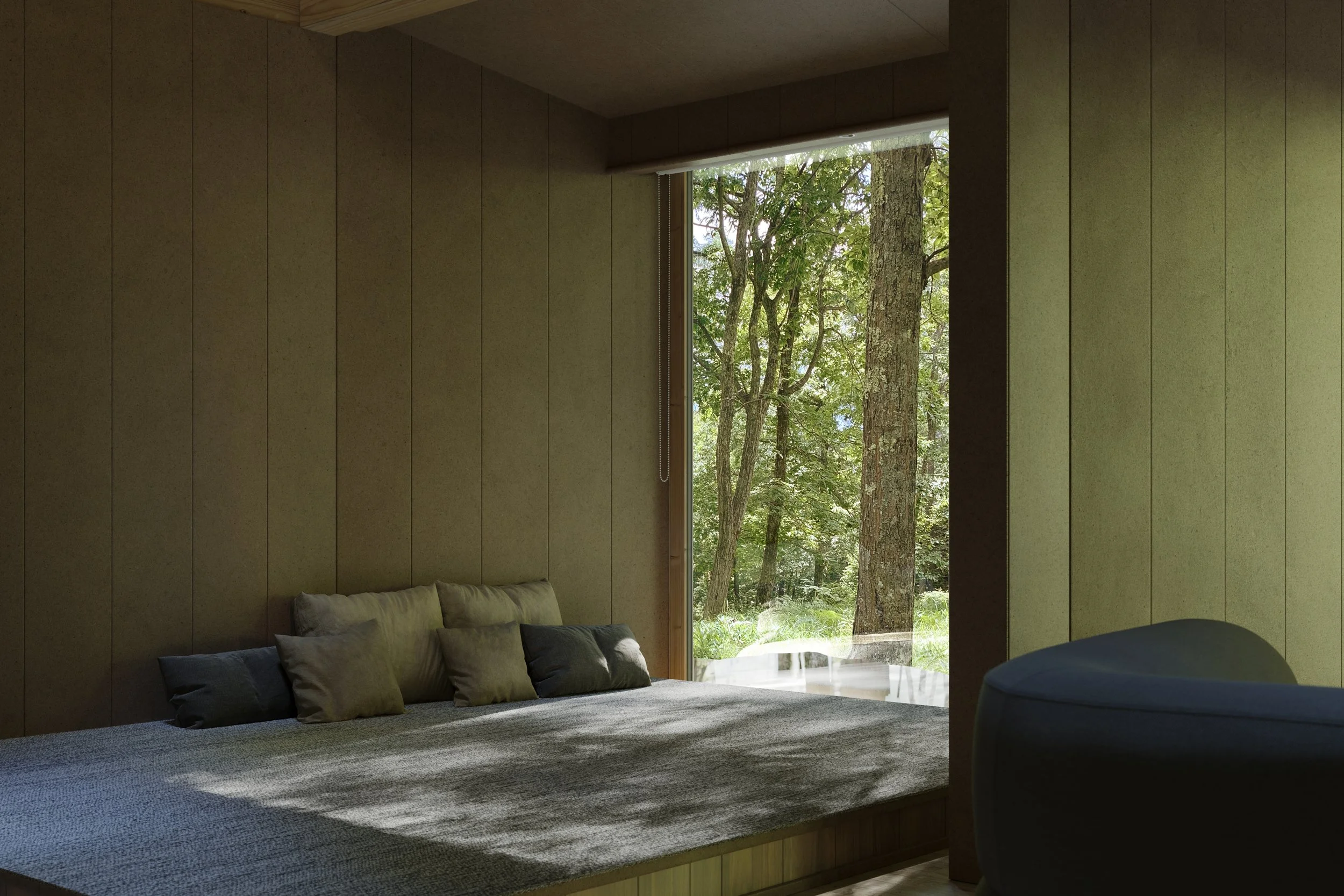 Small Elevated Floor
A small, high-floor relaxation space where the warmth of natural wood spreads out. Soft light pours in through the windows, and the sound of trees swaying in the wind and birds chirping gently envelops your mind. You can indulge in reading or meditation. It is the perfect place for a moment of rest and tranquility.