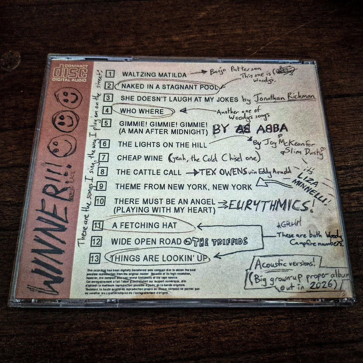 Back cover of Woody Campfire's "Australia's 2nd Best Busker," in jewel case.