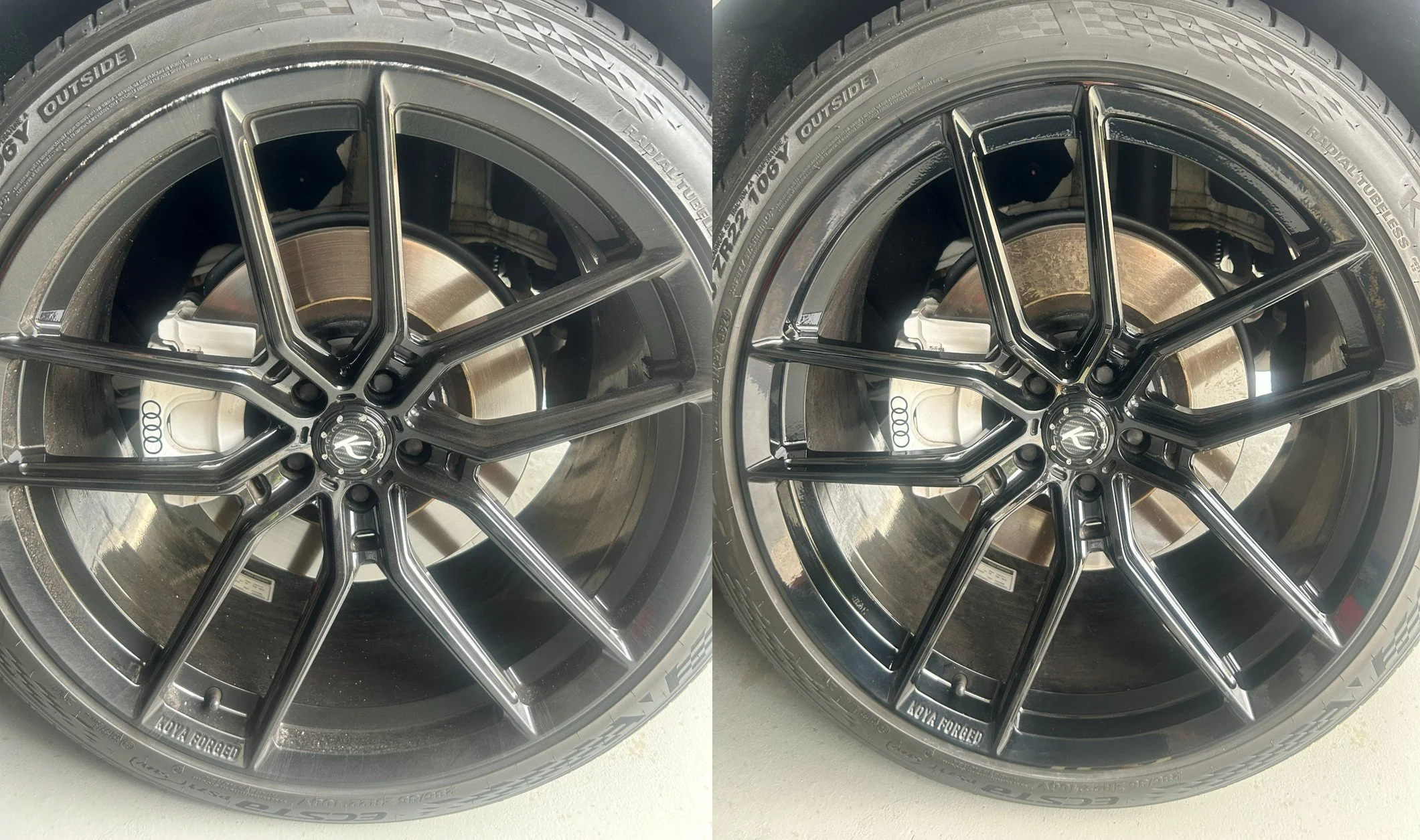 Before and after gutter rash rim repair on alloy wheel – mobile rim repair Brisbane