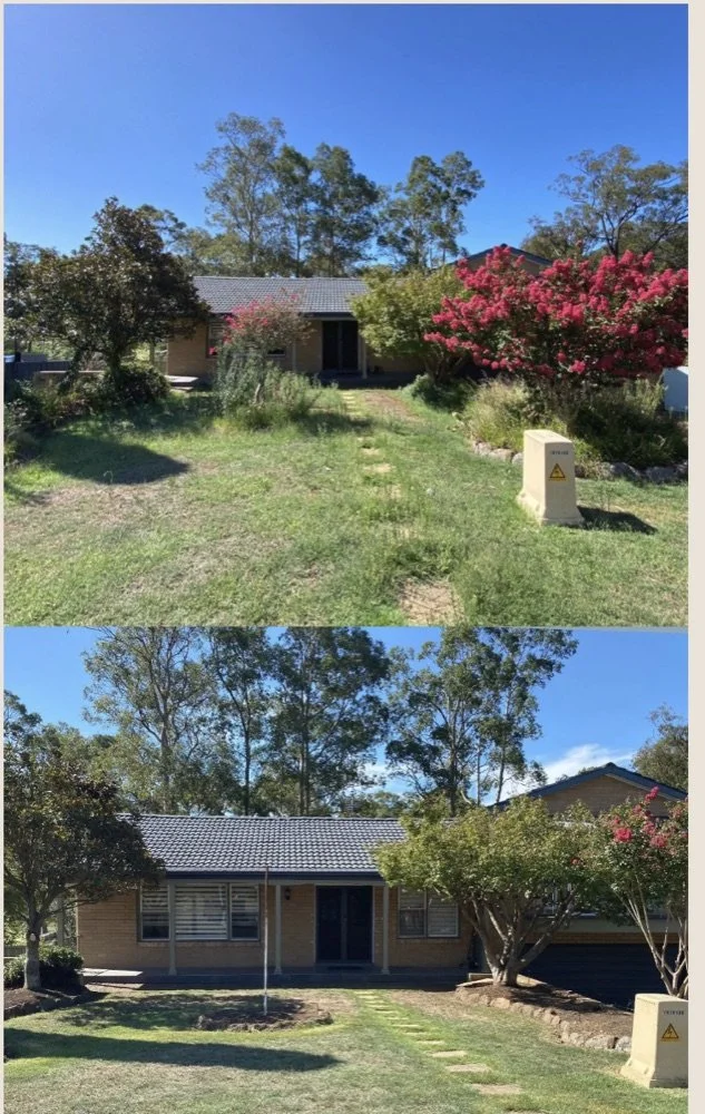 Before and after garden reset near Louth Park NSW by Fluro Gardens showing an overgrown frontage restored to a cleaner garden