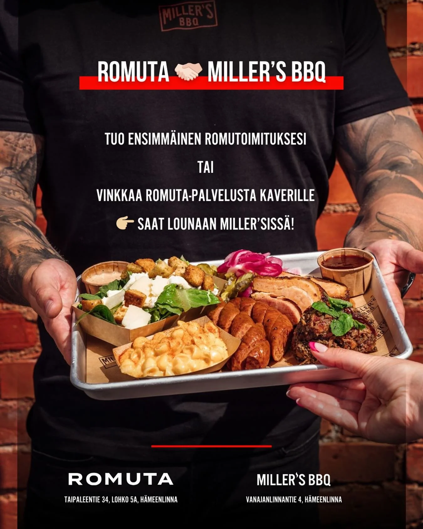 Tuo metalliromua Romutalle ensimm&auml;ist&auml; kertaa ja saat BBQ-lounaan Miller&rsquo;sill&auml; meid&auml;n piikkiin! Ostamme metalliromua Karanojan kiertotalousalueella maanantaista perjantaihin klo 7.30&ndash;18.00. 

Lounas on lihapl&auml;tter