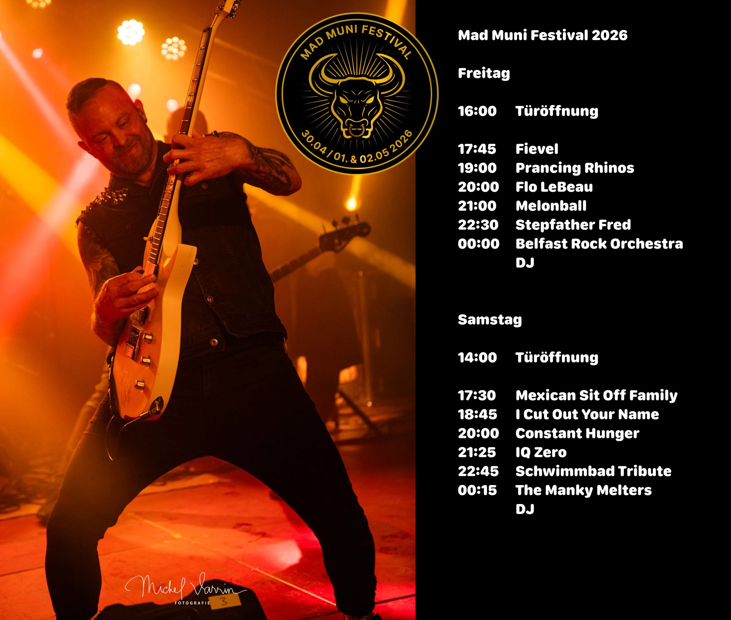 Zeitplan Mad Muni Festival 2026 mit Line-up für Freitag und Samstag inklusive Türöffnung und Live-Bands wie Stepfather Fred, Melonball und Schwimmbad Tribute.