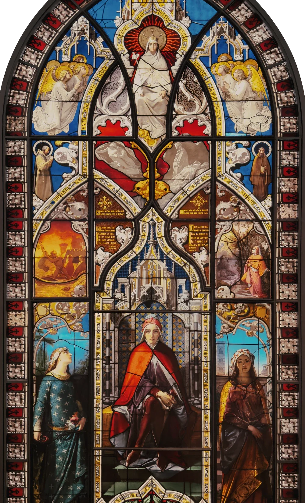 
Stained glass window by Giuseppe Bertini, 1851. Dante's Triumph Among Matelda and Beatrice, Biblioteca Ambrosiana, Milan