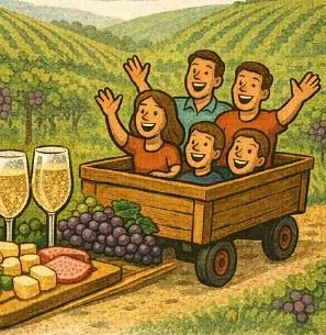 Fünf fröhliche Menschen in einem Weindorf sitzen glücklich in einem Holzwagen, mit Wein, Käse und Trauben im Vordergrund und Weinberge im Hintergrund.