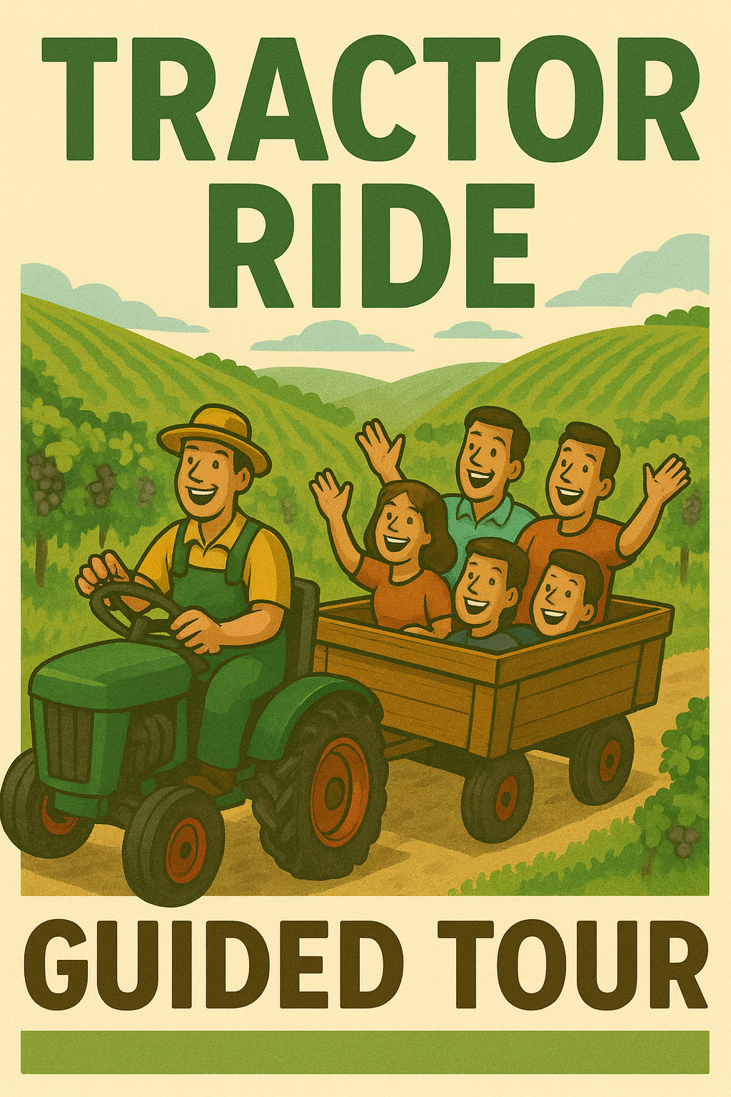 Menschen bei einer Traktor-Tour in einem Weinberg, lachend und winkend, mit einem Fahrer im Traktor, Text: "Tractor Ride Guided Tour"