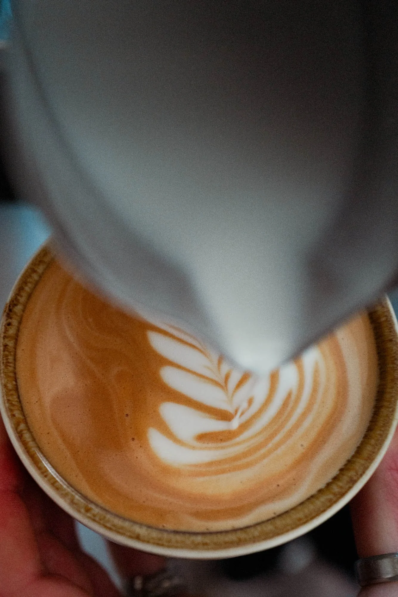 A barista creates latte art in a cup of coffee by pouring steamed milk into espresso, forming a leaf-like design.