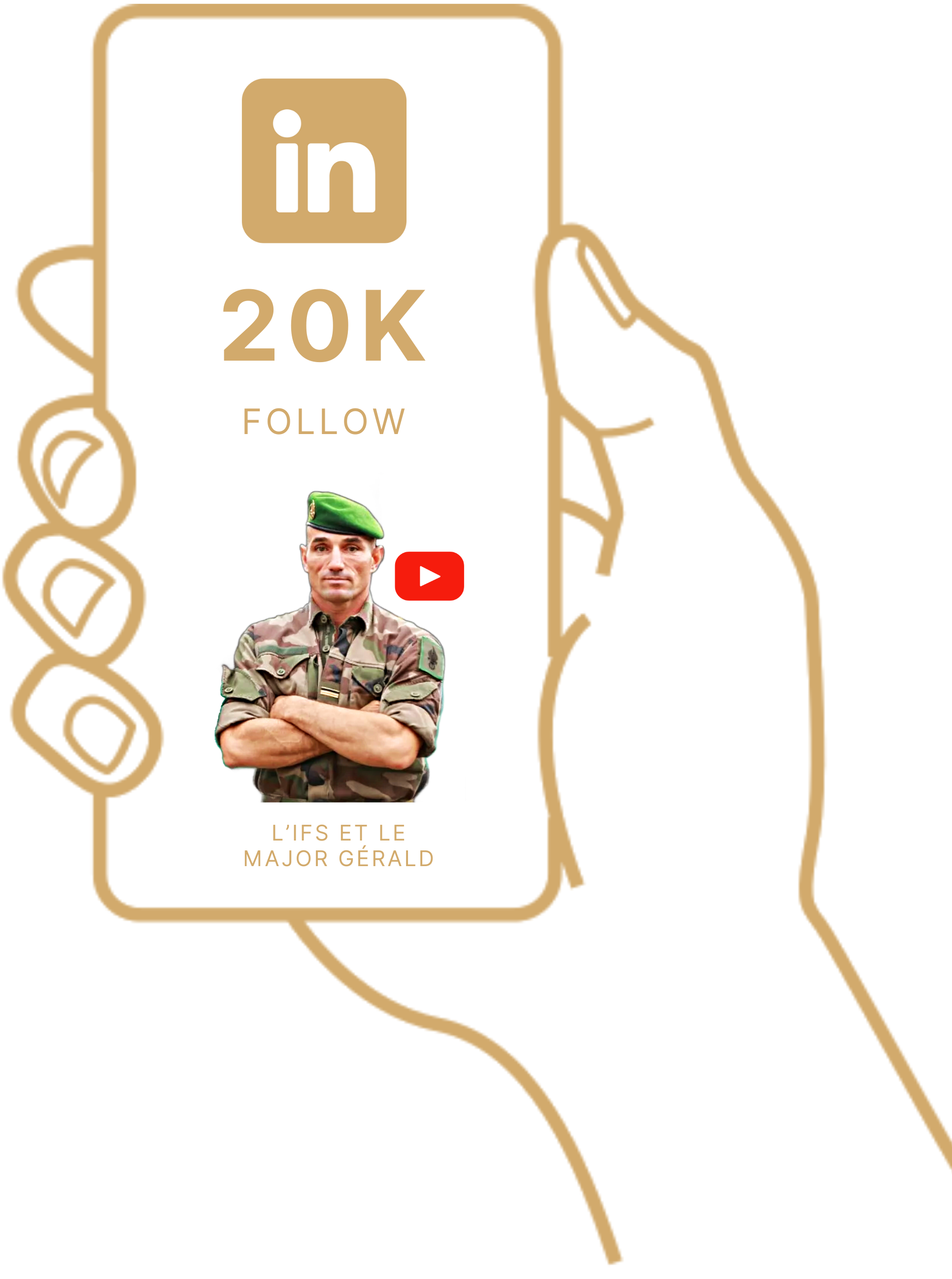 Illustration d'une main tenant un téléphone avec une bannière promotionnelle pour augmenter le nombre d'abonnés sur LinkedIn à 20 000, incluant une image d'un homme en uniforme militaire, un bouton YouTube, et le texte 'L'IFS et le Major Gérald'.