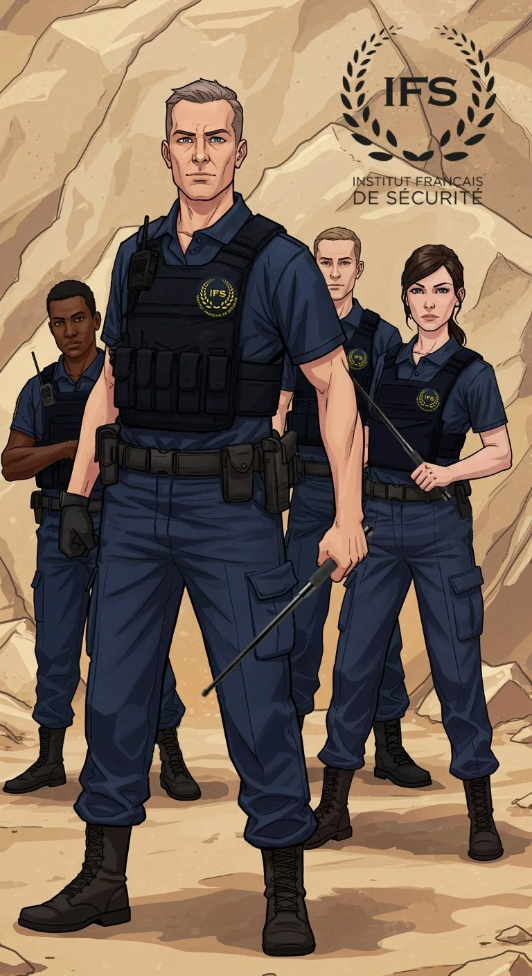 Quatre agents en tenue de sécurité de l'Institut français de sécurité (IFS), en position de marche dans un environnement rocheux, avec le logo de l'IFS en haut à droite.