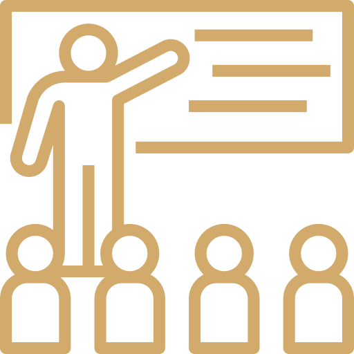 Icone d'un professeur qui enseigne devant un tableau à une classe de stagiaires en formation de sécurité privée