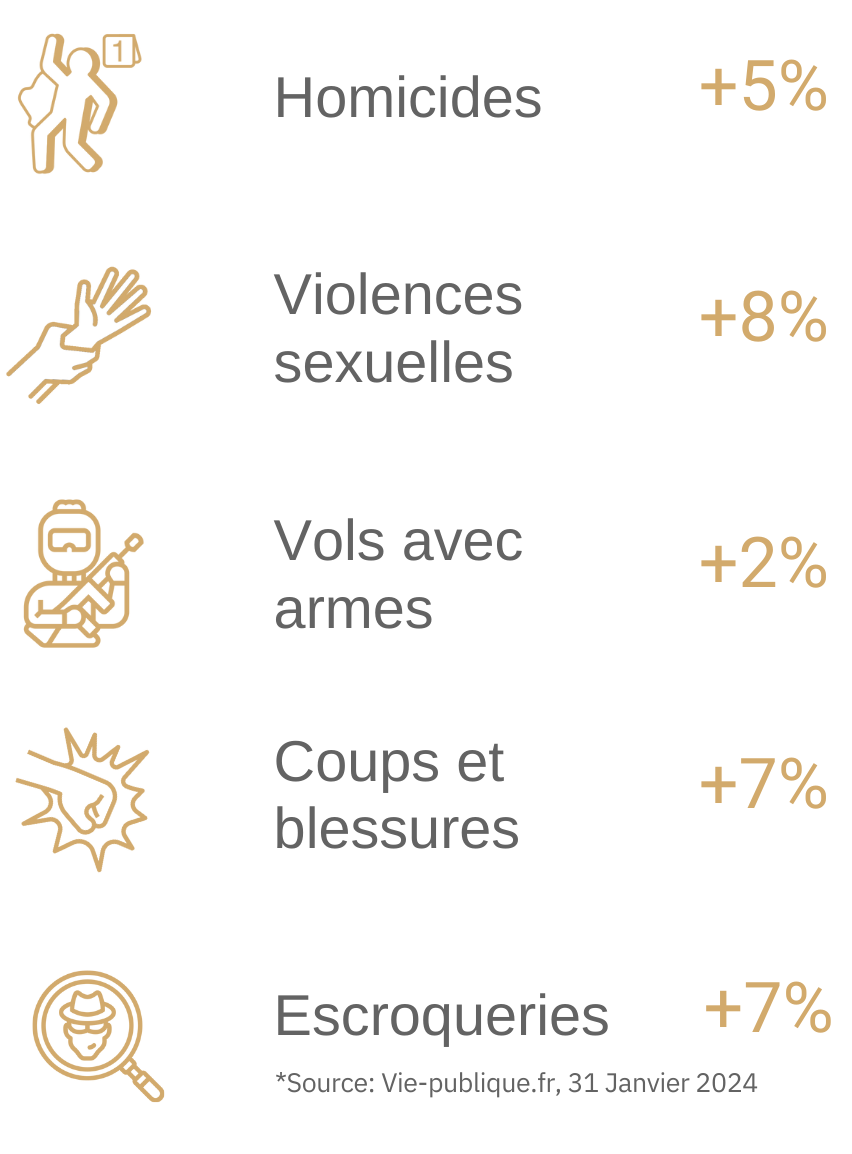 Liste avec des icônes illustrant la hausse en pourcentage de cinq types de crimes, intitulée : Homicides +5 %, Violences sexuelles +8 %, Vols avec armes +2 %, Coups et blessures +7 %, Escroqueries +7 %. En bas, une source indique vie-publique.fr, 31 janvier 2024.