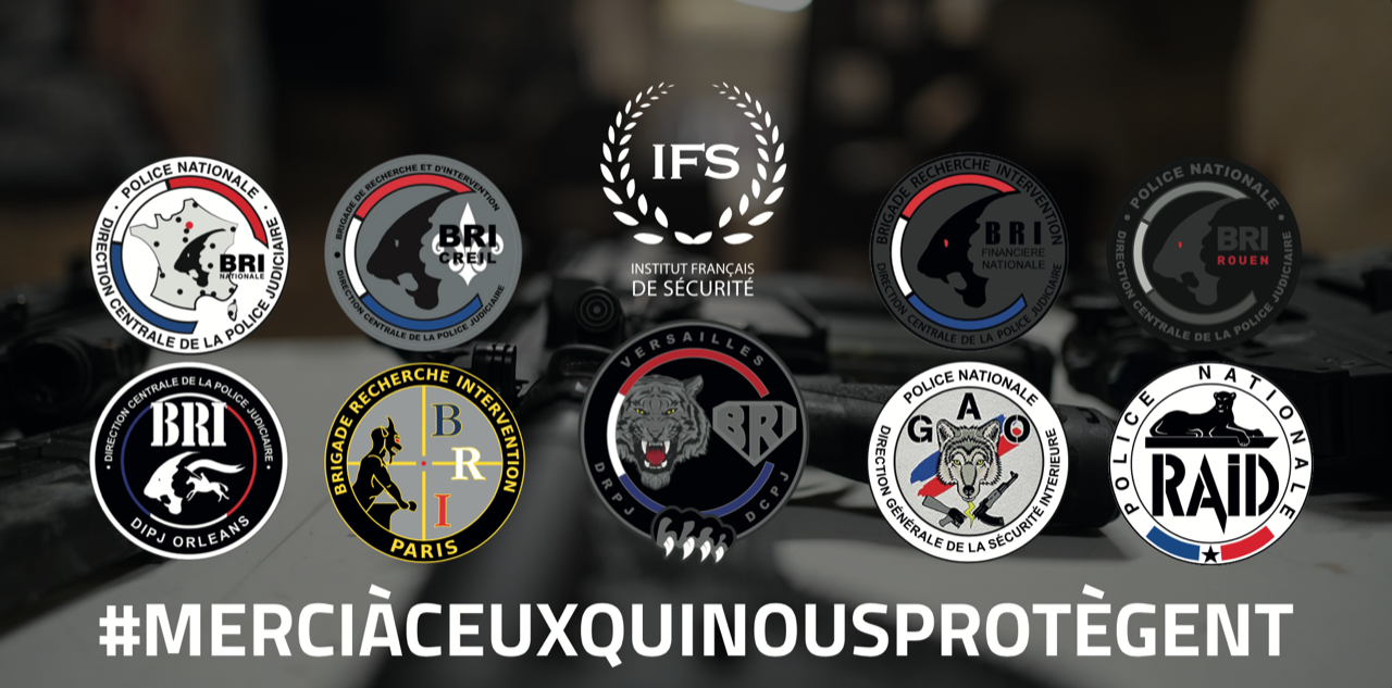 Logo de différentes unités de police françaises et le hashtag #MERCIÀEUXQUINOUSPROTÈGENT.