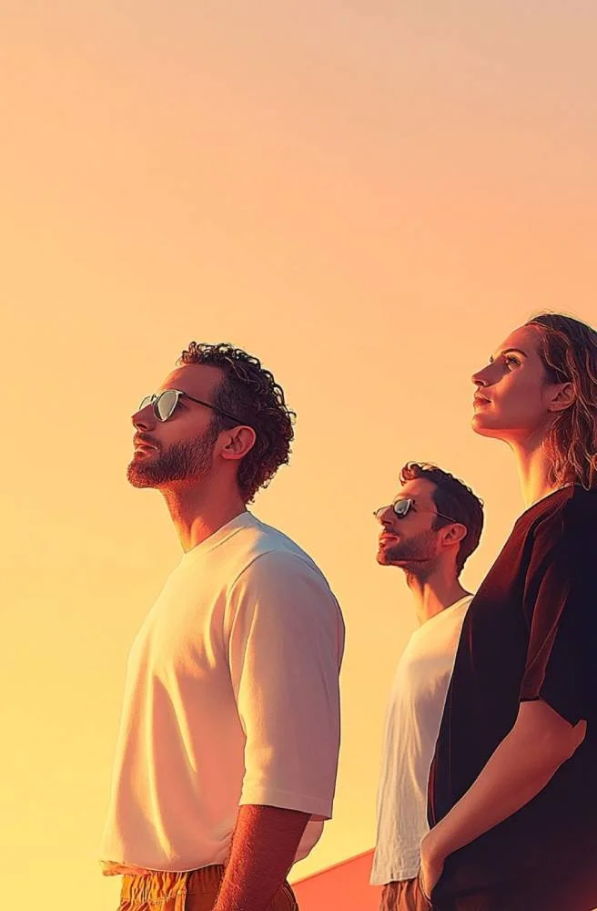 Drei junge Menschen stehen im Sonnenuntergang, blicken nach oben, tragen Sonnenbrillen und entspannte Kleidung.