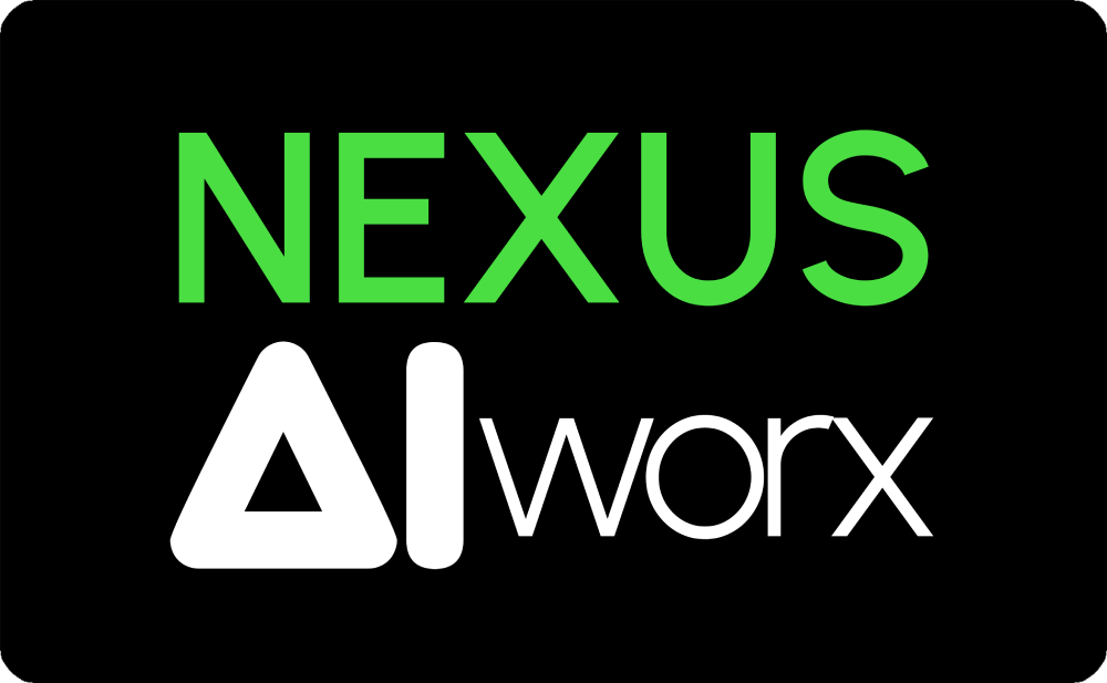 Logo mit den Worten "NEXUS AI worx" auf schwarzem Hintergrund, wobei "NEXUS" in grüner Schrift ist und "AI worx" in weißer Schrift.