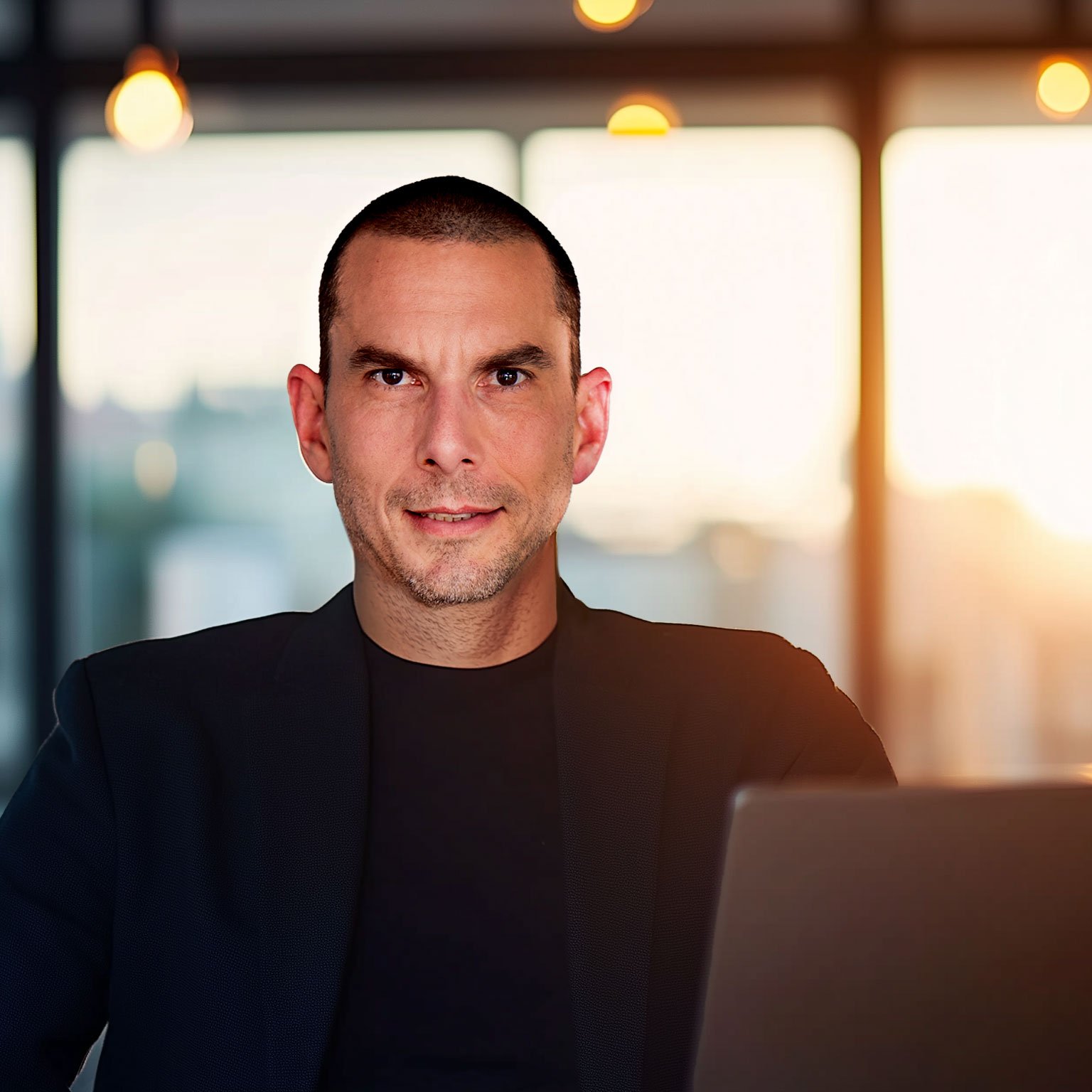 Professioneller Mann in Anzug vor Fenster mit Sonnenuntergang im Hintergrund.
