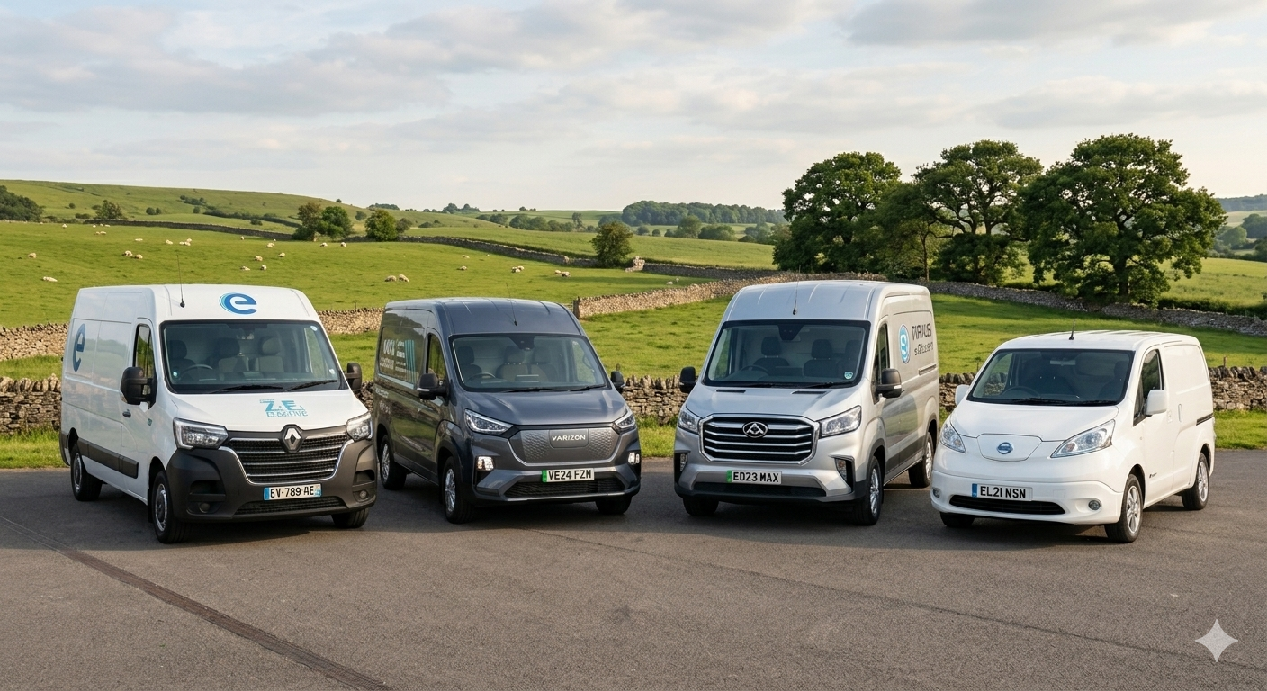 Four electric commercial vans parked on a paved area with a rural landscape in the background, including green fields, trees, and a cloudy sky.