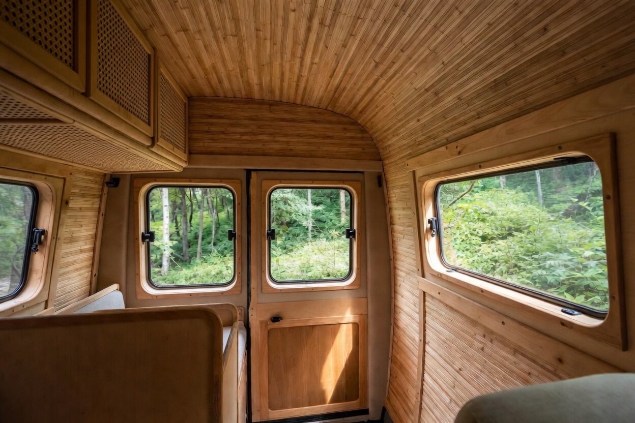 Interior of a small wood-paneled camper or van with three windows showing a forest outside.