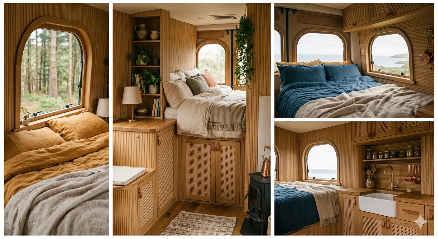 Interior of tiny home or camper with wood-paneled walls, cozy beds with blankets, and a view of nature through the windows.