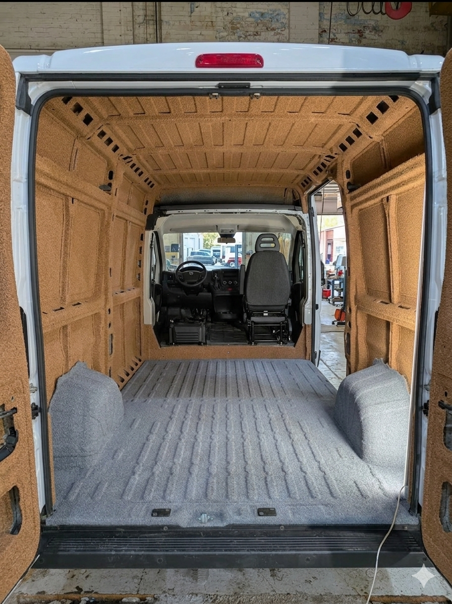 Empty cargo area of a van with wooden panels and gray carpeting, viewed from the open rear doors.