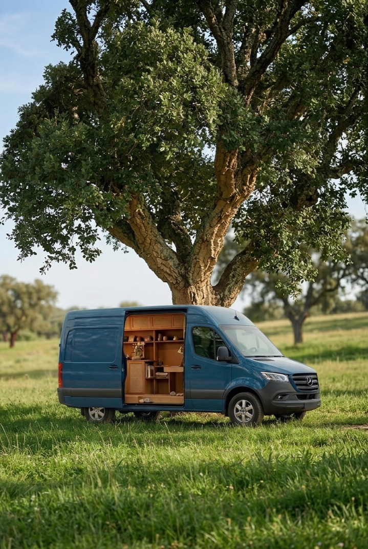 A blue van parked under a large tree in a grassy field, with the side door open revealing a wooden interior with shelves and a small countertop.