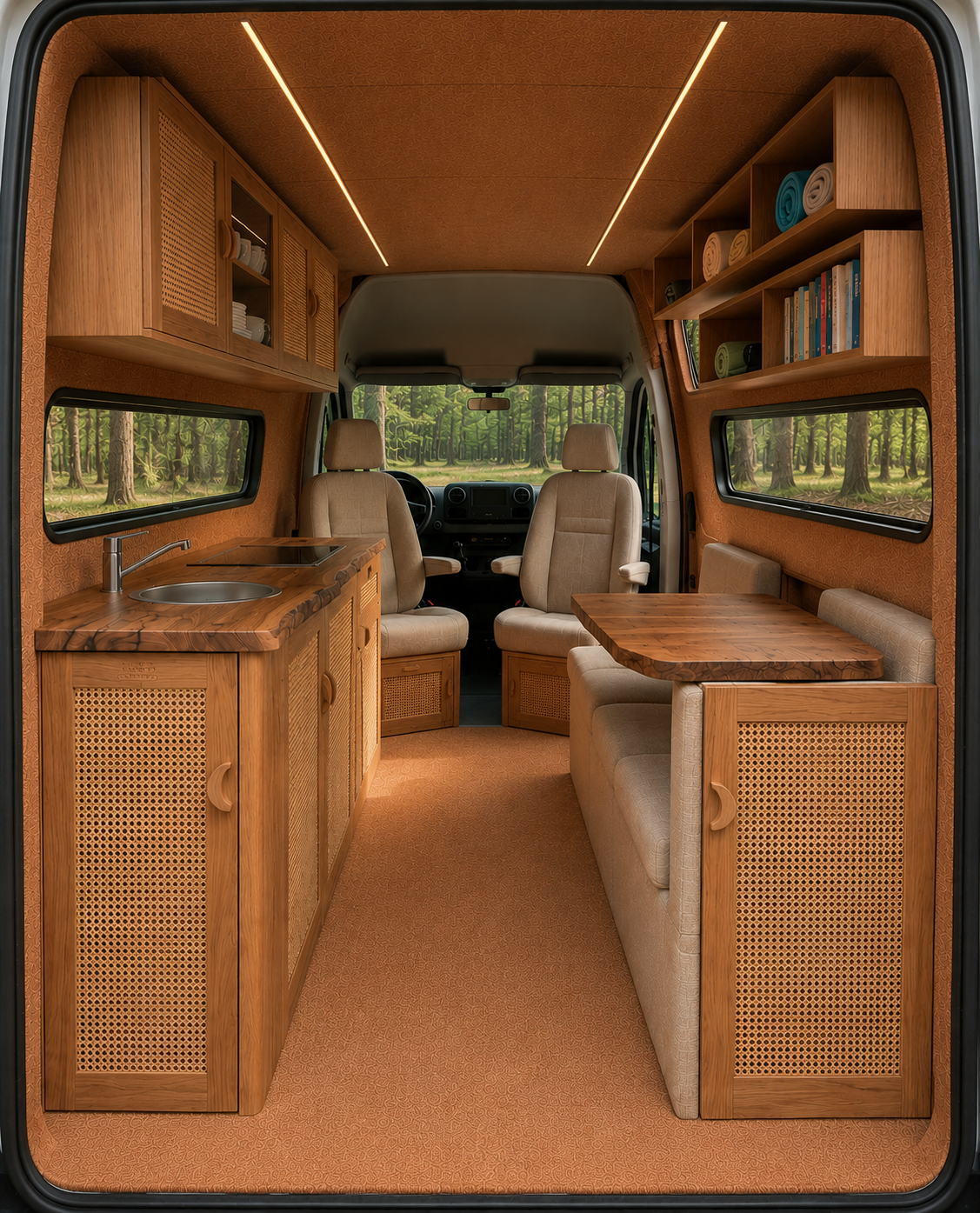 Interior of a camper van with wooden cabinetry, a small sink, a table with bench seating, and two beige chairs at the front, overlooking a forest outside the windows.