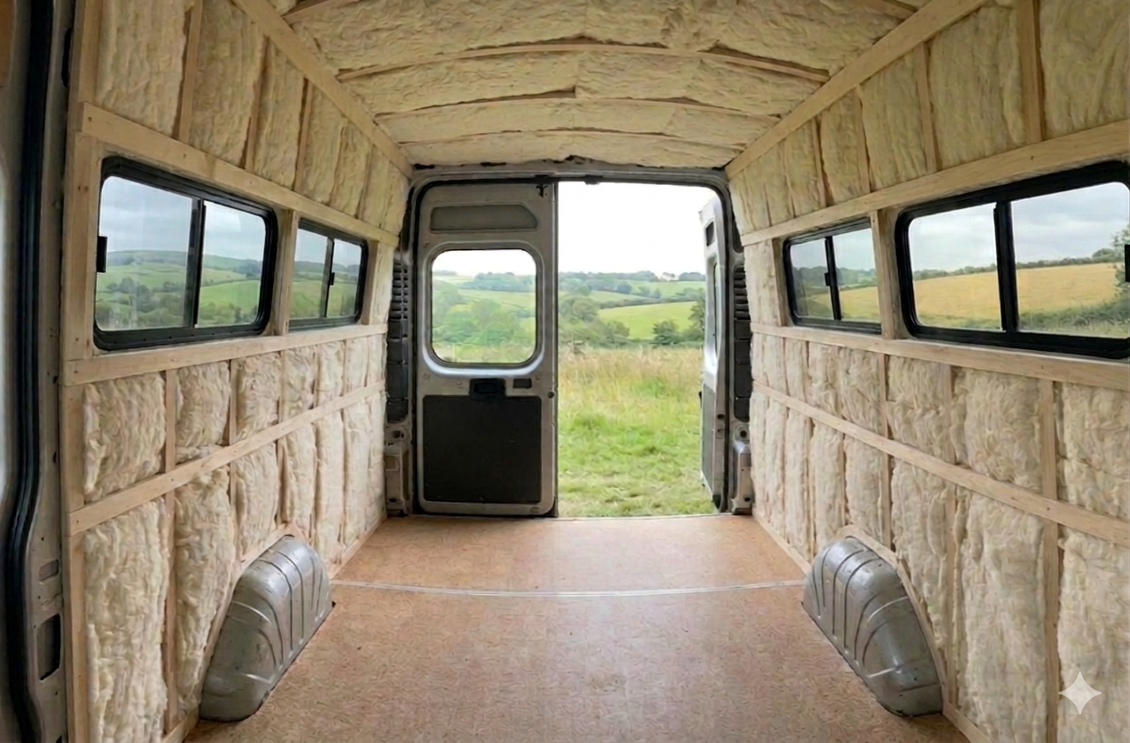 Interior of a van with insulation installed, showing a view through open back doors to a grassy landscape with rolling hills.