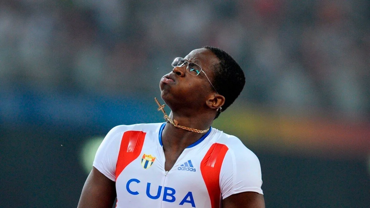 Dayron Robles in a mix of disbelief and relief, after realising his ambitions and the hopes of the Cuban people, winning Olympic gold in Beijing 2008