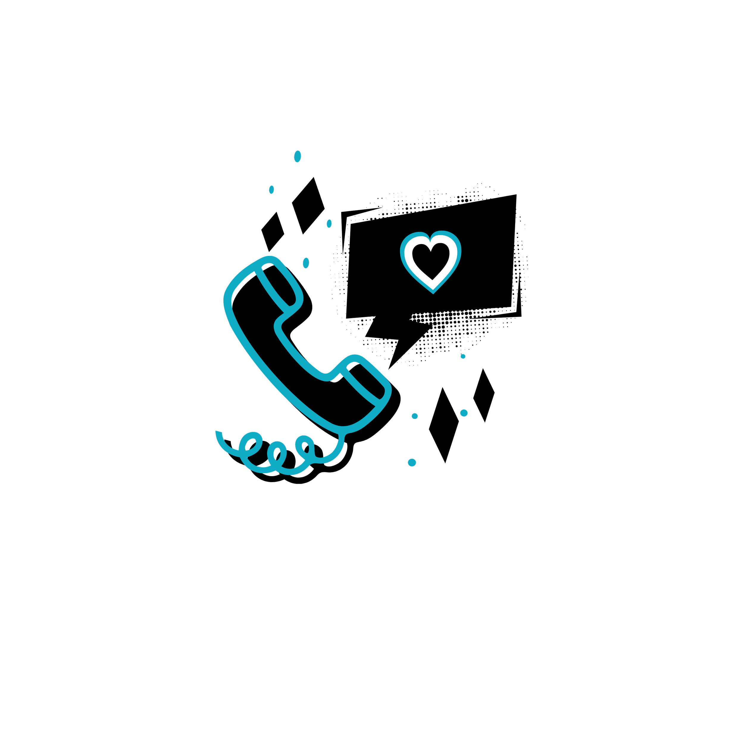 Graphic of a corded phone handset and a message bubble containing a heart. Black and cyan.