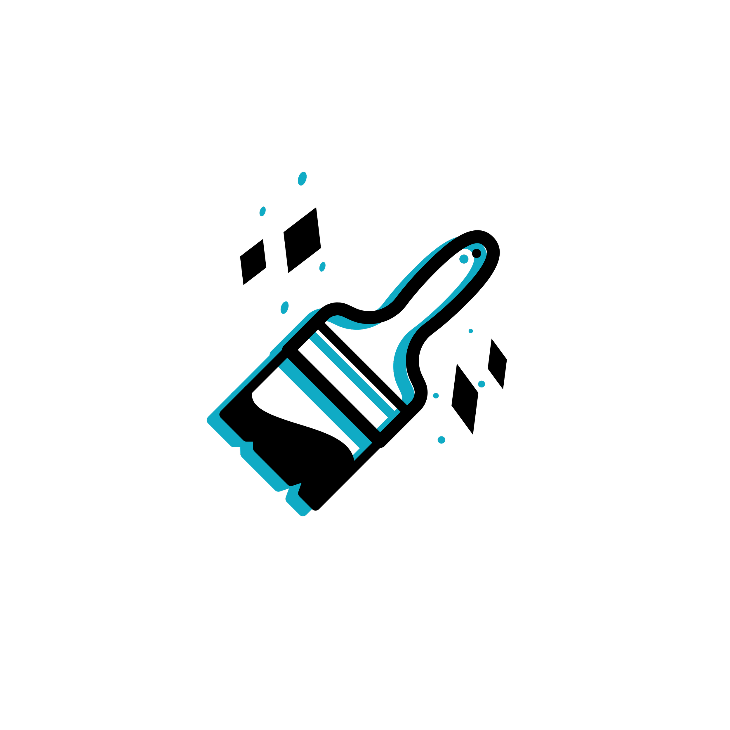 A black and cyan paintbrush surrounded by sparkles.