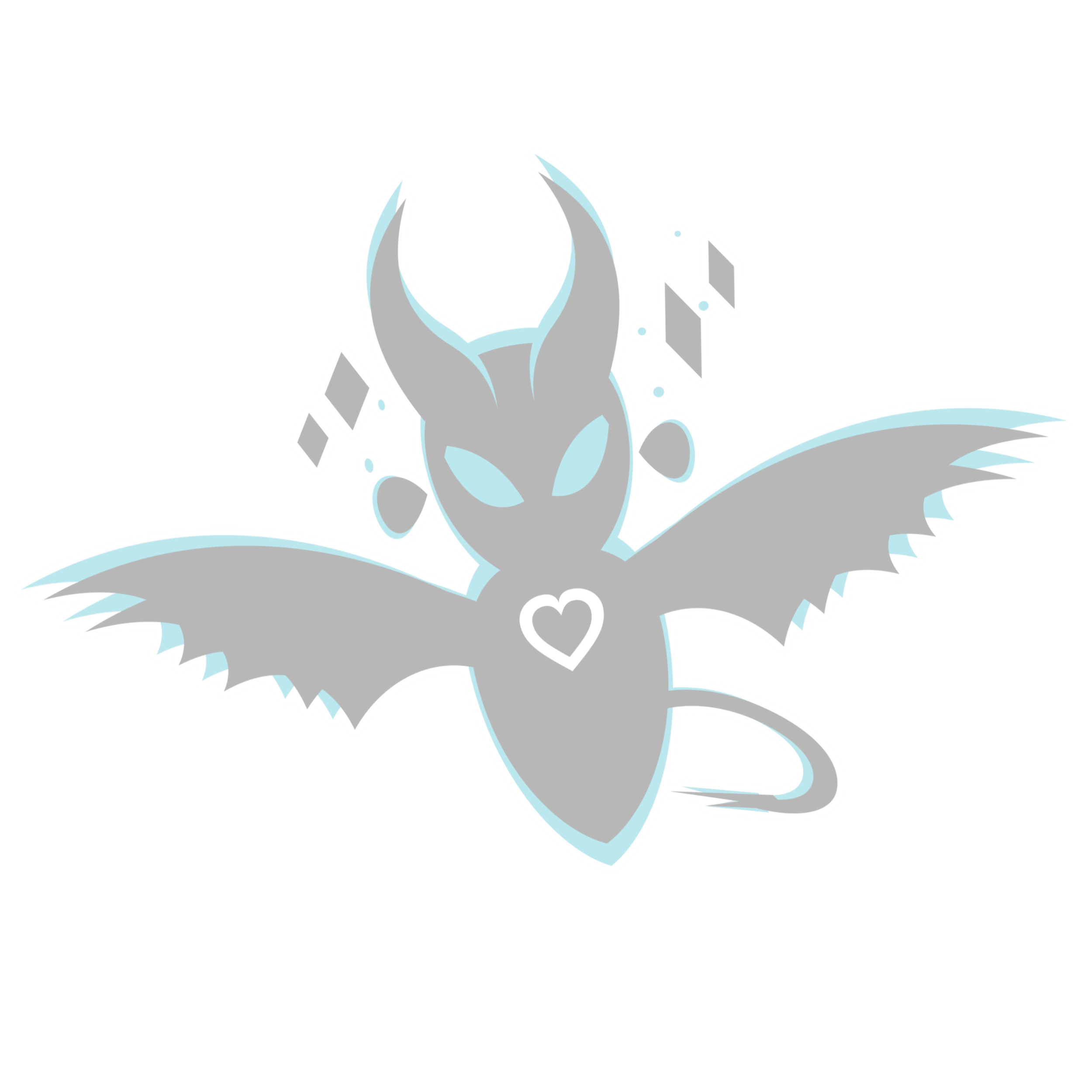 Graphic of a winged black demon with cyan accents and a small white heart on its chest.
