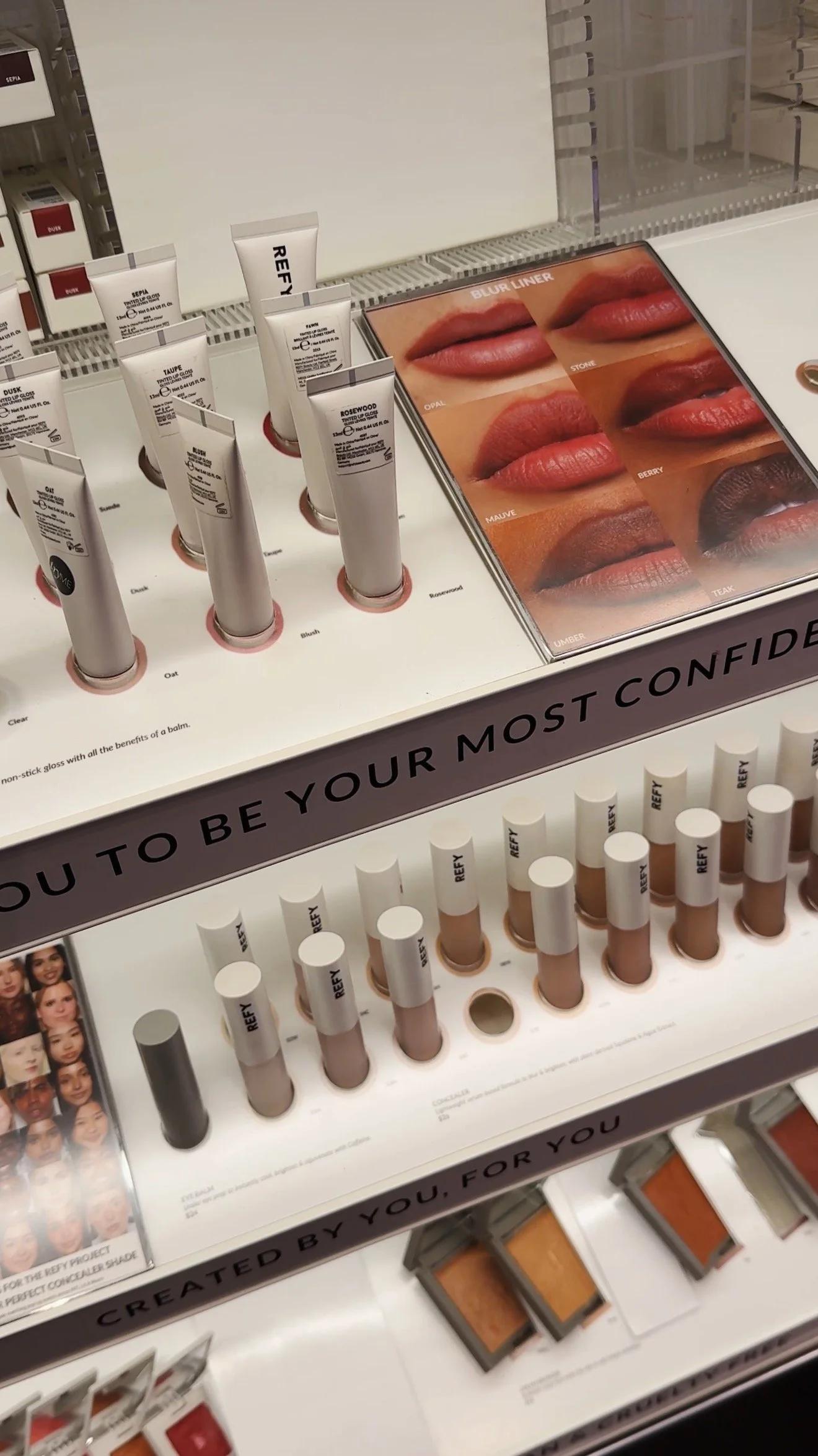 Display of various lip products including lip glosses and lipsticks with a lip color swatch chart on the side, arranged on a store shelf.