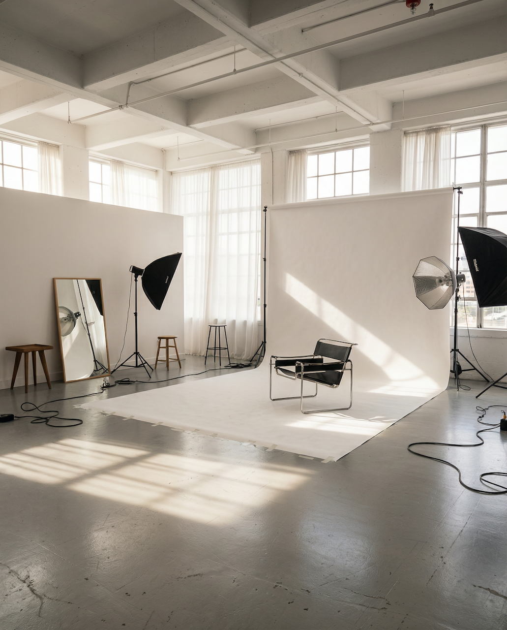 Photo of a photography studio with a white backdrop, softbox lighting, a mirror, and a black chair, all in a bright room with large windows and sheer curtains.