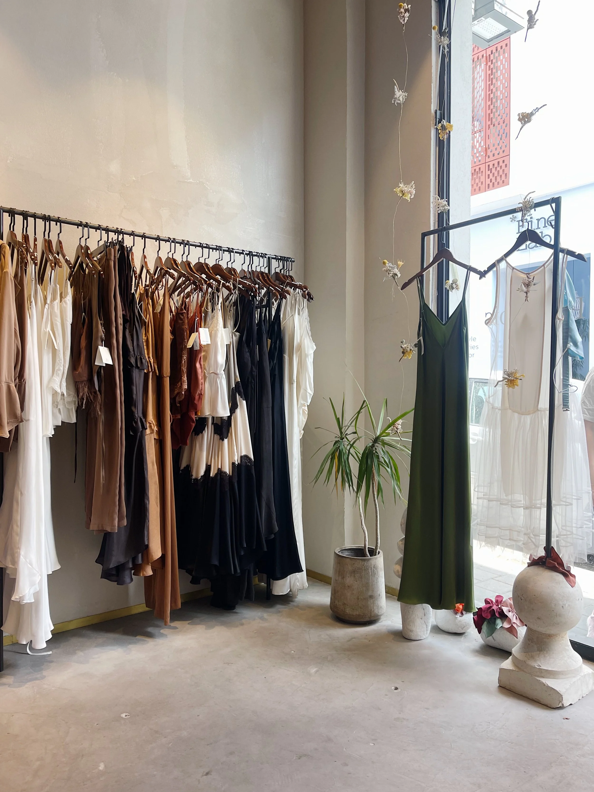 Clothing store with dresses hanging on a rack, potted plants, and dresses displayed near a large window.