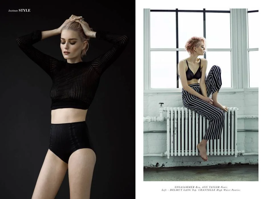Side-by-side photos of a woman modeling fashion; on the left, she is in a black sheer long-sleeve crop top and high-waist underwear against a dark background, with her hands in her hair; on the right, she is sitting on a radiator by a large window, wearing a black bra and striped high-waist pants, with light pink hair and a profile view.