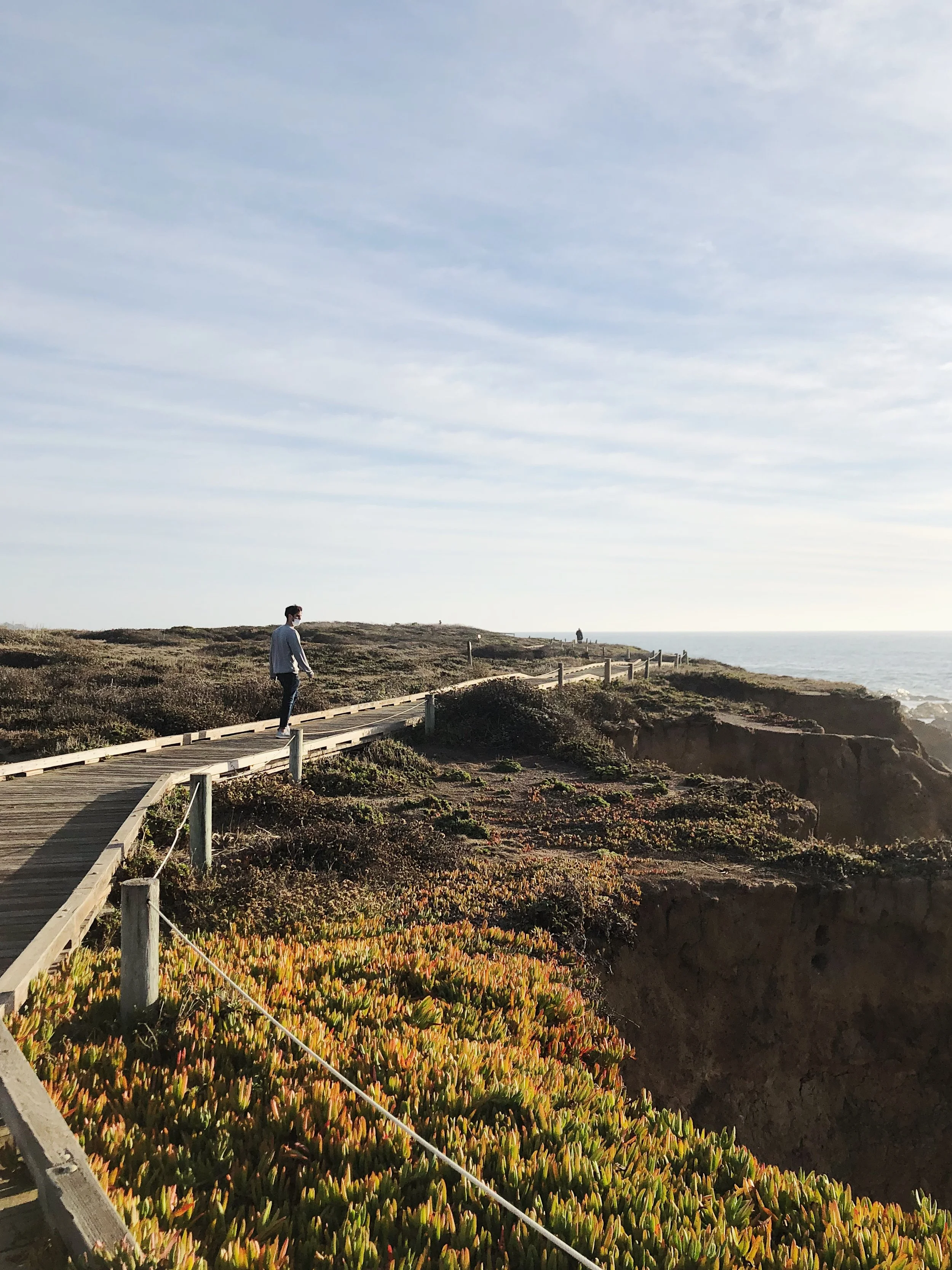 Person walking along a wooden coastal boardwalk near a grassy, rocky cliffside with the ocean in the background under a partly cloudy sky.