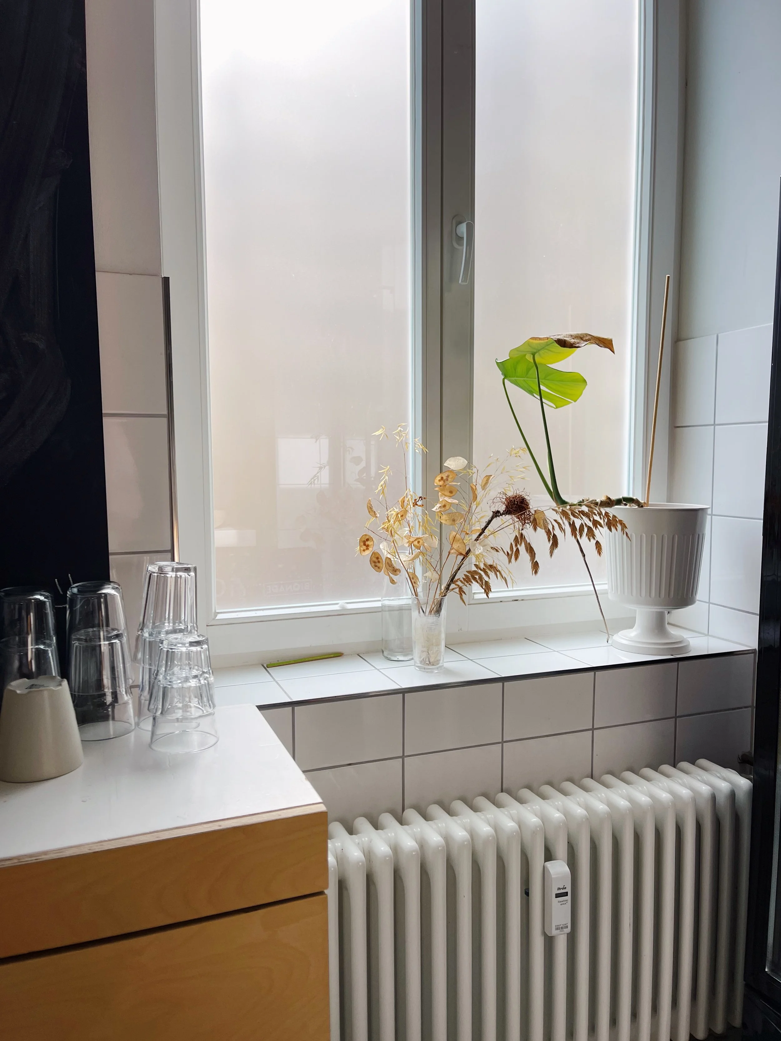 A window sill with a few dried and a couple of fresh plants in vases, with a few upside-down glasses, a white cup, and a small green stick, next to a beige radiator beneath the window.