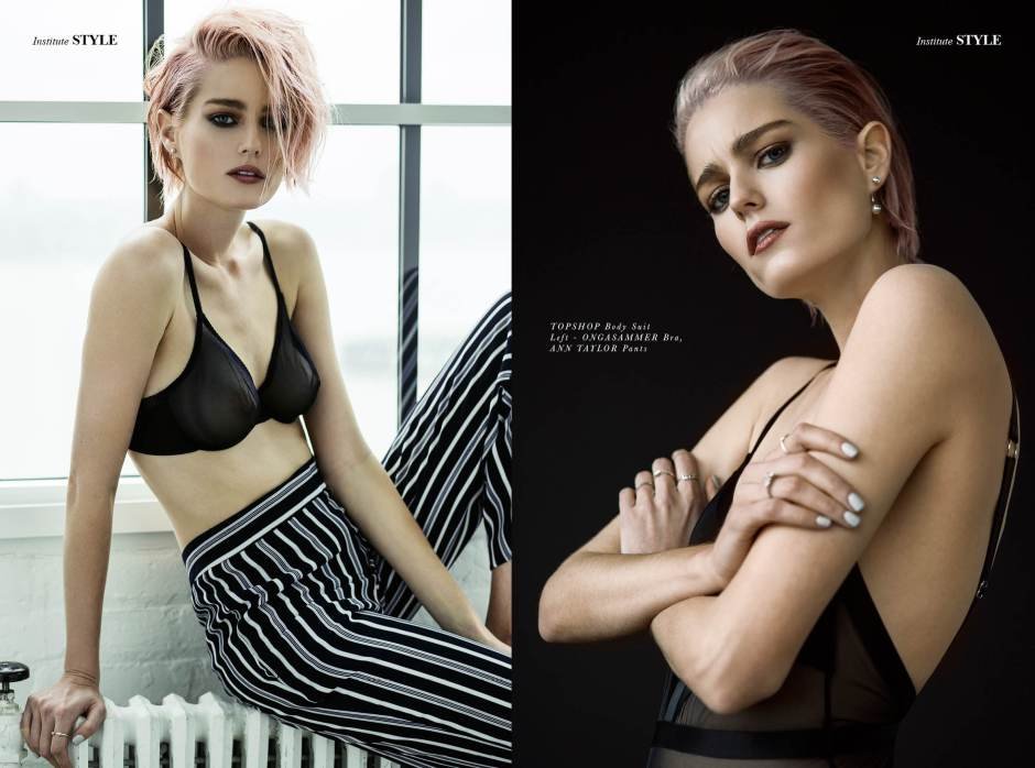 Side-by-side portraits of a woman with short, pink hair in two different settings; left in a bright room with striped pants and black lingerie, right in a dark studio with a sheer black top and jewelry.