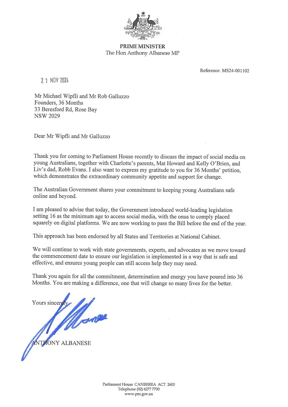 Official letter from the Prime Minister of Australia, dated November 21, 2024, addressed to Mr. Michael Wipfli and Mr. Rob Galluzzo, discussing social media legislation, community support, and the signing of a petition.