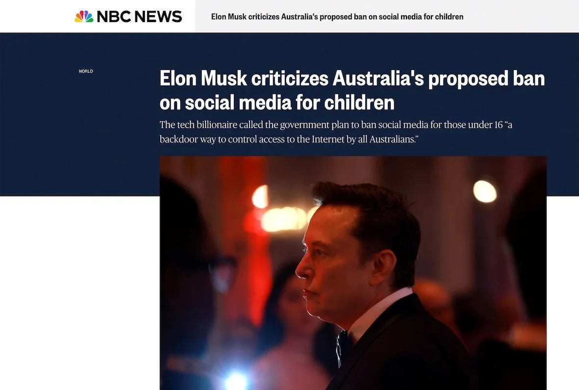 Screenshot of a news article from NBC News with a headline about Elon Musk criticizing Australia's proposed ban on social media for children. The article includes a photo of Elon Musk in a dark setting, wearing a suit, with a serious expression on hi