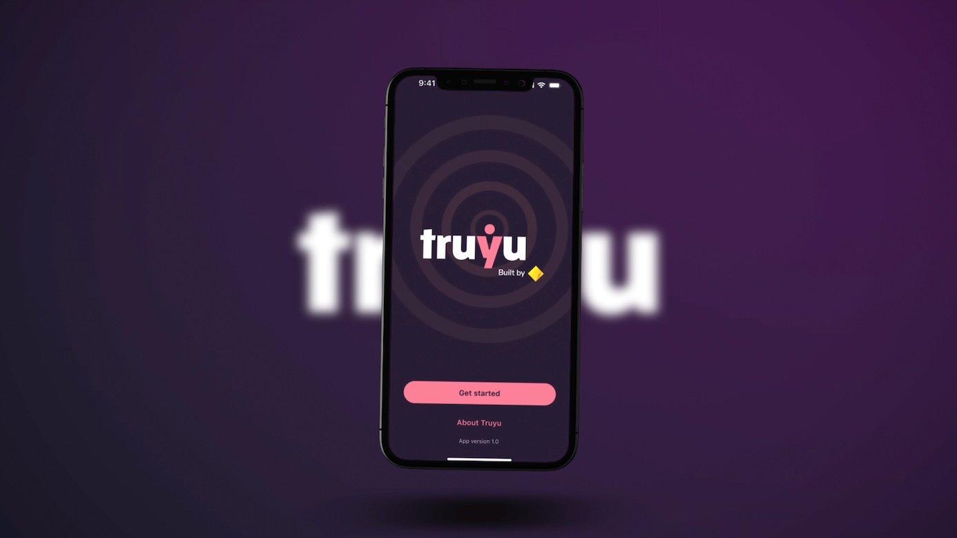Smartphone displaying the TruYu app's welcome screen with a pink 'Get started' button on a purple background.