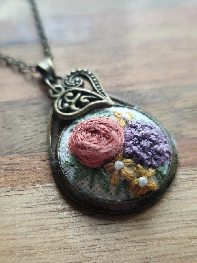 Hand Embroidered Floral Bronze Pendant