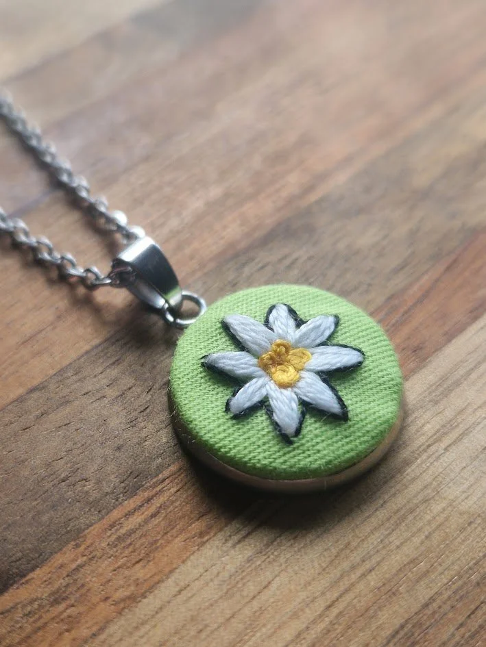 Hand Embroidered Daisy Pendant
