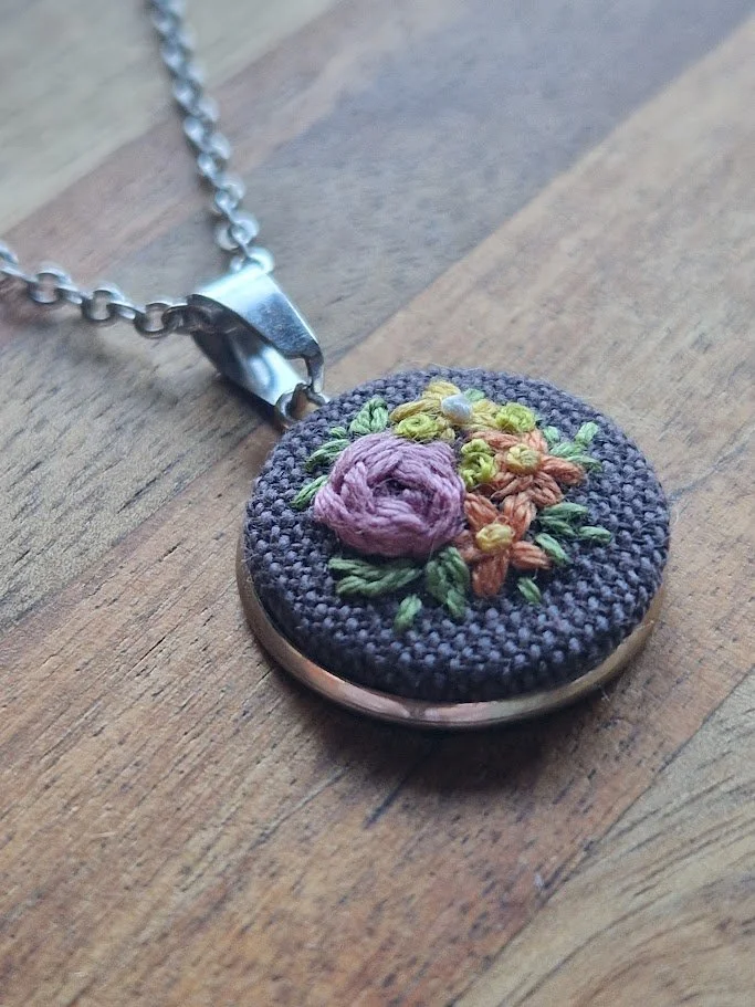 Hand-Embroidered Floral Pendant - Purple, Orange & Yellow on Grey-Blue Linen