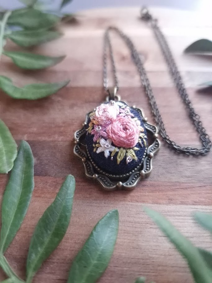 Rosy Pink on Navy Floral Oval Pendant