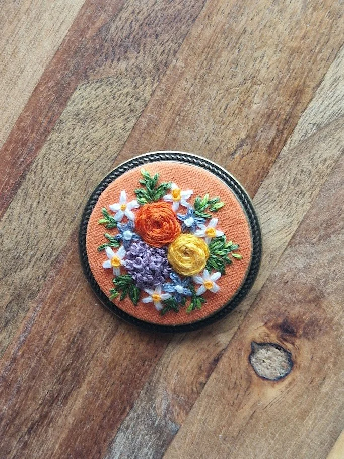 Hand-Embroidered Floral Bronze Brooch