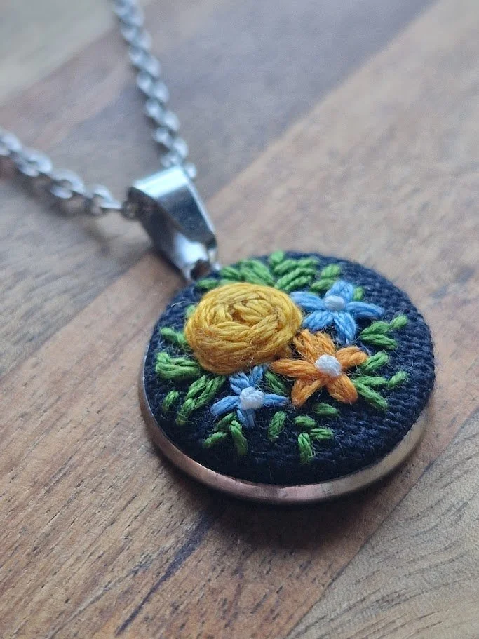 Hand-Embroidered Floral Pendant Necklace